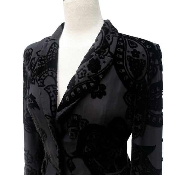 ECI Top Sz 8 Black Silk Velvet Burnout Jacket Floral 2 Button Y2K Whimsigoth - Picture 2 of 14